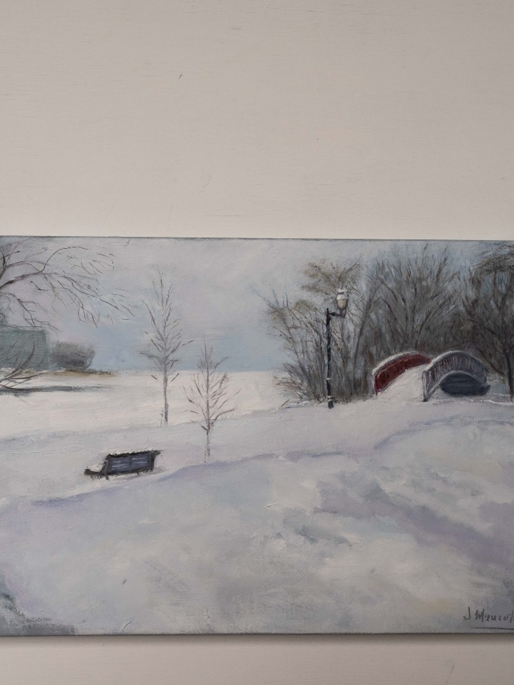 Oil painting winter landscape "Footbridge"  12"x 18"